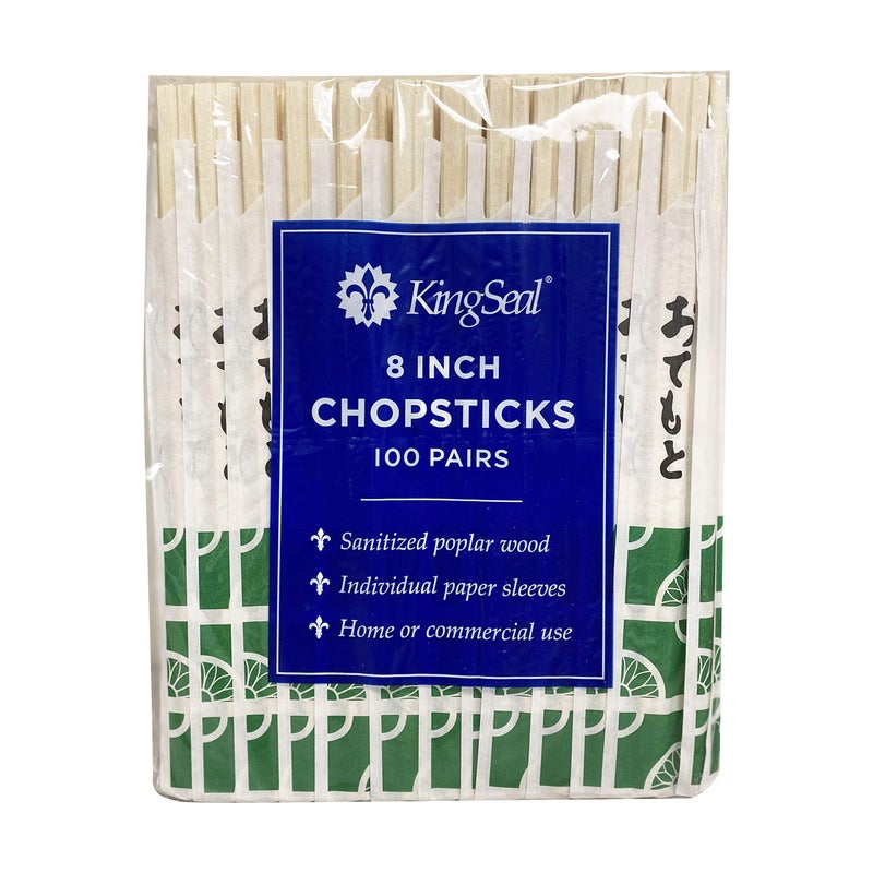 KingSeal 500 Count | KingSeal 8 Inch Natural Poplar Wood Chopsticks, Paper Sleeve, Waribashi, Eco Friendly, Bulk Pack - 5 Packs x 100 Pairs - Image 1